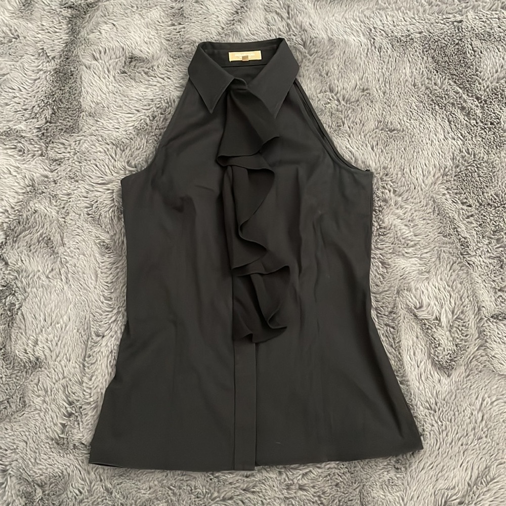 Michael Kors Collection Sleeveless Black Ruffle Button Down Blouse